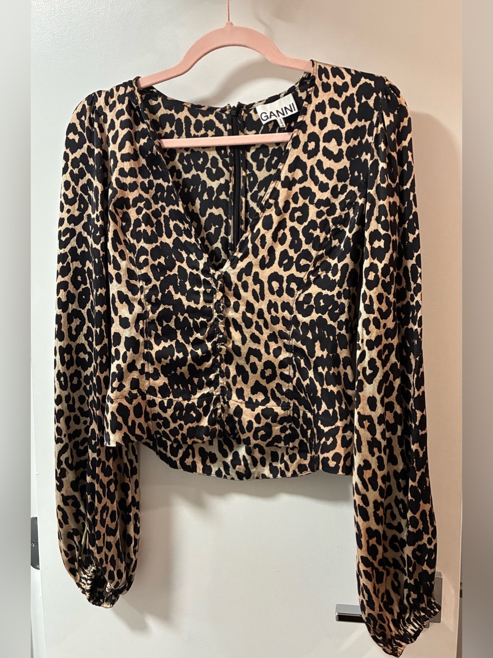 Ganni Leopard-Print Silk V-Neck Blouse
